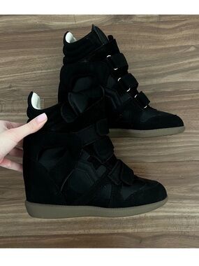 Black Wedge Sneaker Boots with Velcro Straps